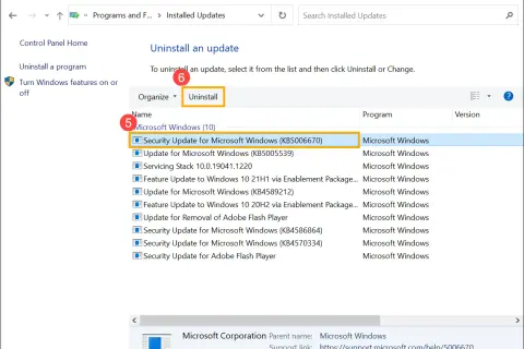 Jak odinstalować sterowniki: zaznacz aktualizację "Security Update for Microsoft Windows (KB5006670)" i kliknij "Uninstall".