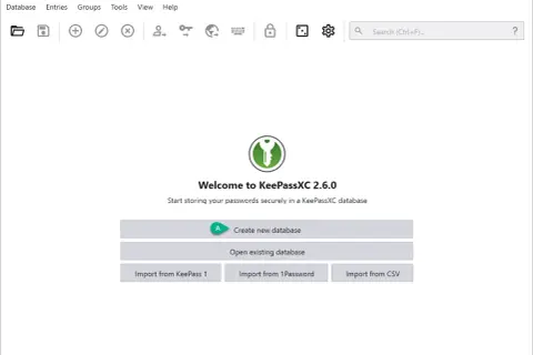 Ekran startowy KeePassXC 2.6.0, gdzie można stworzyć nową bazę danych lub otworzyć istniejącą. Bezpieczne przechowywanie haseł, jak na Niebezpiecznik.