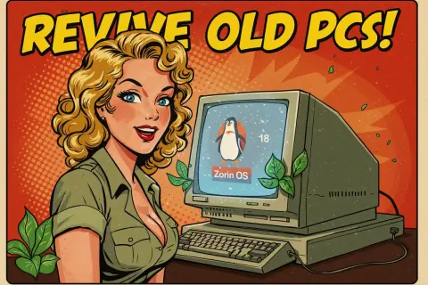 Retro pin-up dziewczyna obok starego komputera z Zorin OS. Napis "Revive Old PCs!" sugeruje, że Zorin Lite ożywi Twój stary sprzęt.