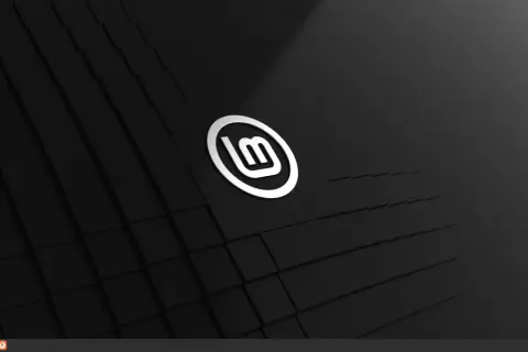Minimalistyczny pulpit z logo Linux Mint XFCE na czarnym, geometrycznym tle.