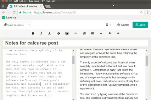 Notatki w aplikacji Laverna, tworzone są notatki o "calcurse post".