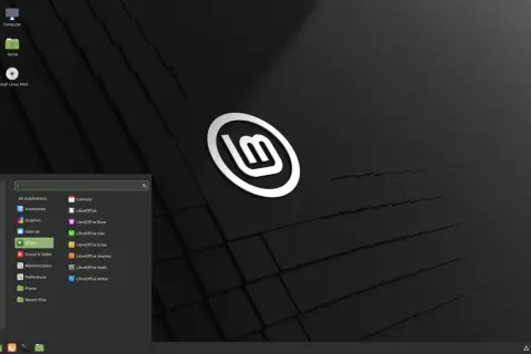 Menu startowe w systemie Linux Mint 20 z widocznym logo i aplikacjami biurowymi LibreOffice.