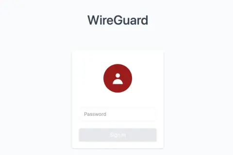 Ekran logowania WireGuard VPN. Czerwone kółko z ikoną użytkownika, pole na hasło i przycisk "Sign In".