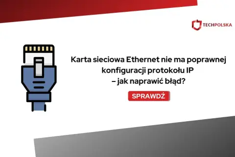 Karta sieciowa Ethernet nie ma poprawnej konfiguracji protokołu IP. Ikona kabla sieciowego i tekst informują o problemie z konfiguracją IP.