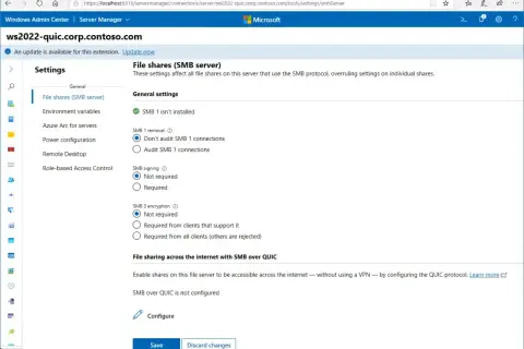 Ustawienia serwera SMB: SMB 1 nie jest zainstalowany, konfiguracja podpisywania i szyfrowania SMB, a także udostępnianie plików przez internet z SMB over QUIC.