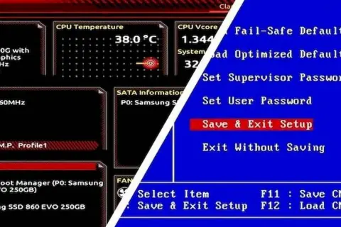 Ekran ustawienia BIOS. Widoczne informacje o temperaturze CPU, napięciu, danych SATA i opcje takie jak "Save & Exit Setup".