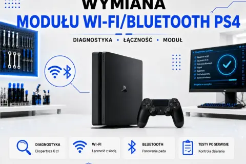 Konsola PS4 z kontrolerem, komputer z diagnostyką systemu. Wymiana modułu Wi-Fi/Bluetooth. Ta sieć Wi-Fi używa starszego standardu zabezpieczeń.