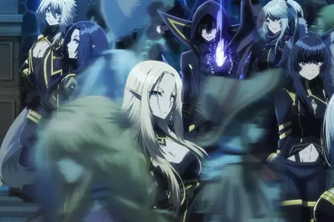 Grupa postaci z anime, w tym elfka z blond włosami i mężczyzna w kapturze z magicznym płomieniem, tworzą mroczny, weebowski klimat.