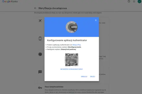 Konfiguracja aplikacji Authenticator do weryfikacji dwuetapowej. Skanuj kod QR, aby dodać konto i uzyskać kod 2FA.