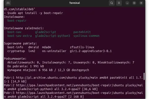 Instalacja pakietu boot-repair w terminalu. Wymagane pliki są pobierane, aby zapewnić prawidłowe działanie narzędzia do naprawy rozruchu.