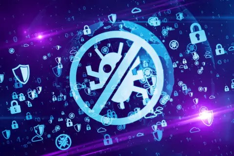 Cyfrowy świat chroniony przez antivirus scanner. Ikony tarcz, kłódek i symbol zakazu wirusów na tle kodu binarnego i globusa.