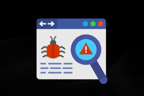 Grafika przedstawia okno przeglądarki z ikoną robaka i lupą wskazującą na ostrzeżenie. Symbolizuje skuteczną ochronę przed malware.