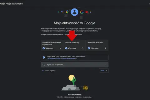 Strona Moja aktywność Google. Możesz tu zarządzać historią lokalizacji, YouTube i innymi. Ułatwia to usuwanie aktywności Google.