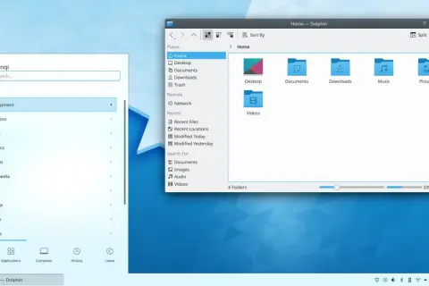 Widok pulpitu z menedżerem plików Dolphin, prezentujący środowisko KDE Plasma 5. Widoczne foldery i pasek zadań.