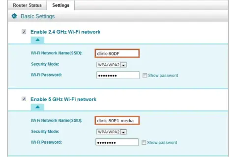 Ustawienia routera: nazwa sieci Wi-Fi (SSID) to "dlink-80DF" dla pasma 2.4 GHz i "dlink-80E1-media" dla 5 GHz.