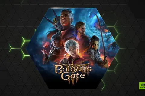 Postać z Baldur's Gate 3 w centrum, otoczona innymi bohaterami. Dowiedz się, jak działa GeForce Now, by grać w tę grę.