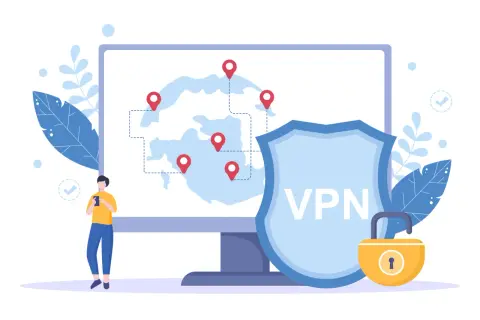 Osoba korzysta z telefonu, a na ekranie komputera widać mapę z lokalizacjami i tarczę z napisem VPN.