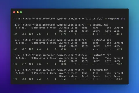 Terminal z poleceniem curl pobierającym dane z API. Widzimy postęp pobierania, prędkość i czas. Curl to narzędzie do transferu danych.