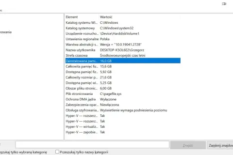 Podsumowanie systemu: zainstalowana pamięć RAM do laptopa to 16,0 GB.