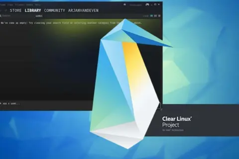 Pulpit z logo Clear Linux, na którym widać okno Steam i kilka terminali.