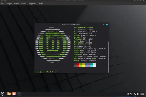 Terminal z informacjami o systemie Linux Mint, idealny do gier. Widać logo Tuxa i szczegóły sprzętu.