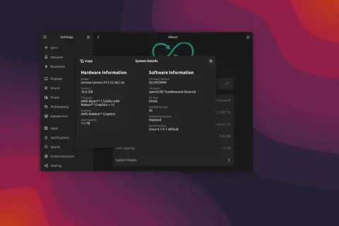 Okno ustawień GNOME 46 z informacjami o sprzęcie i oprogramowaniu.