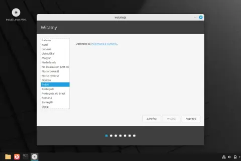 Instalacja Linux Mint Polska. Wybieram język polski, by rozpocząć konfigurację systemu.