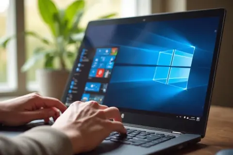 Ręce na klawiaturze laptopa z widocznym menu Start. Dowiedz się, jak sprawdzić wersję Windows.