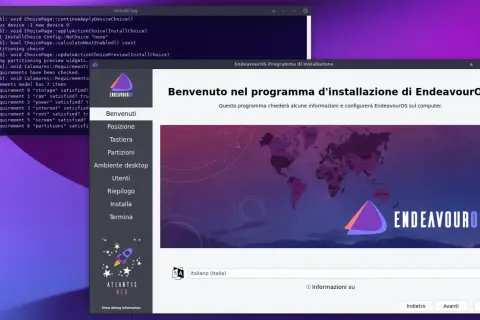 Ekran instalacyjny EndeavourOS wita użytkownika. Widać menu z opcjami instalacji i logo systemu.