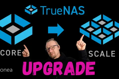 Mężczyzna wskazuje na przejście z TrueNAS CORE do SCALE. Ulepszenie systemu NAS.