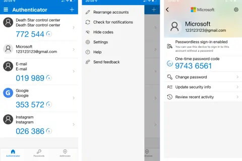 Aplikacja uwierzytelniająca pokazuje kody do logowania, np. 9743 6561 dla konta Microsoft.
