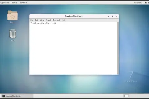 Pulpit z ikonami Home i Trash, otwarty terminal na tle tapety z logo CentOS 7.