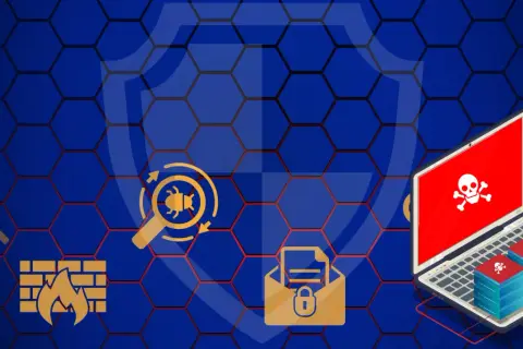Ilustracja pokazuje zagrożenia cybernetyczne: laptop z czaszką, stosy serwerów z czaszkami, lupa z robakiem, zablokowana koperta, hasło i zapora ogniowa. To pokazuje, co to botnet.