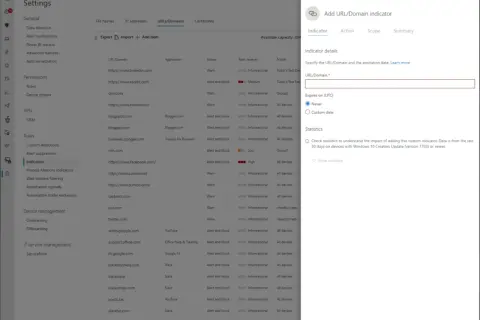 Dodawanie wskaźnika URL/domeny w Microsoft Defender for Endpoint. Okno dialogowe pozwala określić domenę i datę wygaśnięcia.