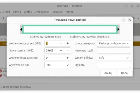 Okno GParted do tworzenia partycji. Ustawienia rozmiaru i systemu plików, przydatne gdy chcesz wiedzieć, jak usunąć partycje z dysku.