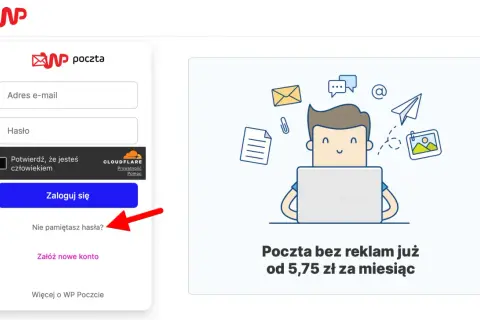 Formularz logowania WP Poczta. Czerwona strzałka wskazuje opcję "Nie pamiętasz hasła?", która może pomóc w zmianie hasła, podobnie jak w przypadku zmiany hasła linux.