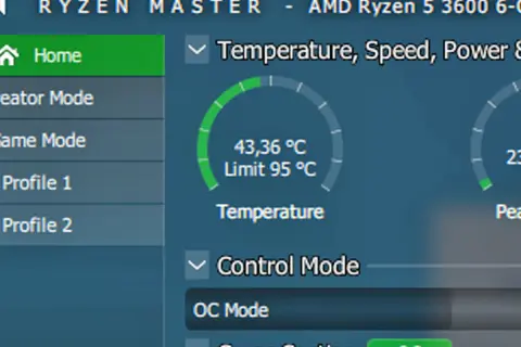 Monitorowanie temperatury procesora AMD Ryzen 5 3600. Aktualnie 43,36°C, limit 95°C. Sprawdzam, ile stopni powinien mieć procesor.