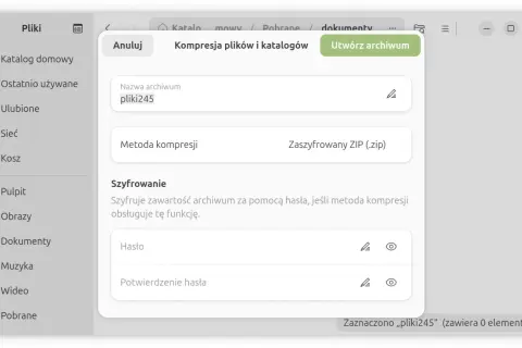 Jak zabezpieczyć folder hasłem? Okno tworzenia archiwum ZIP z opcją szyfrowania i wprowadzania hasła.