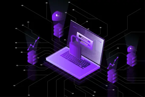 Ilustracja pokazuje, jak zabezpieczyć komputer przed hakerami: laptop z kłódką i polem logowania, otoczony elementami symbolizującymi ochronę danych.