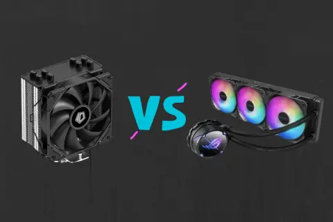 Chłodzenie powietrzne kontra chłodzenie wodne w komputerze. Po lewej klasyczny cooler, po prawej nowoczesny zestaw AIO z RGB.