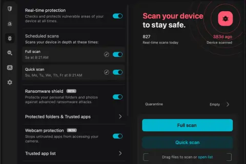 Interfejs programu antywirusowego. Widoczne opcje: ochrona w czasie rzeczywistym, zaplanowane skanowanie (pełne i szybkie), ochrona przed ransomware. Po prawej przycisk "Skanuj swoje urządzenie".