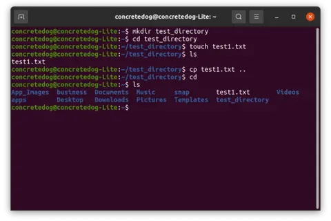 Terminal Linux: cp test1.txt .. kopiuje plik test1.txt do katalogu nadrzędnego.