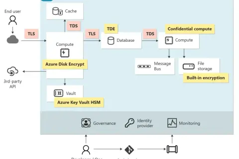 Schemat przedstawia Azure, gdzie szyfrowanie dysku chroni dane w chmurze. Użytkownicy i API łączą się przez TLS.