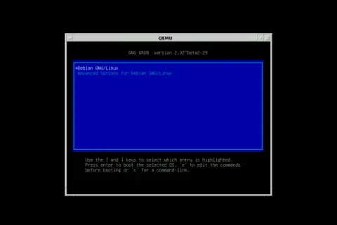 Ekran startowy GRUB dla Debian GNU/Linux w QEMU. Wybierz system lub edytuj polecenia.