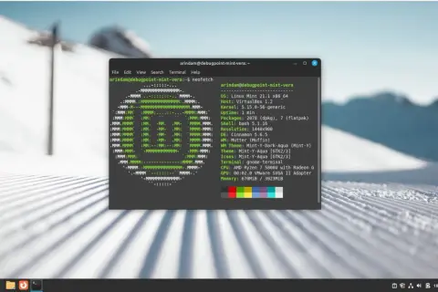 Terminal z informacjami o systemie Linux Mint 21.1, pokazujący szczegóły sprzętu i oprogramowania.