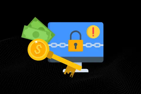 Klucz do odblokowania danych, pieniądze i zablokowany komputer. To ilustracja pokazująca, czym jest ransomware.