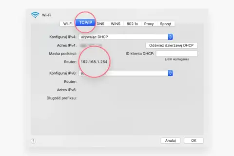 Ustawienia TCP/IP pokazują adres routera 192.168.1.254, co jest kluczowe, by sprawdzić IP urządzeń w sieci lokalnej.