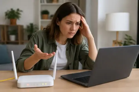 Zestresowana kobieta próbuje dowiedzieć się, jak naprawić internet w komputerze, patrząc na router i laptopa.