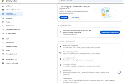 Ustawienia prywatności i bezpieczeństwa w Chrome. Dowiedz się, jak sprawdzić, czy strona ma wirusa, korzystając z kontroli zabezpieczeń.