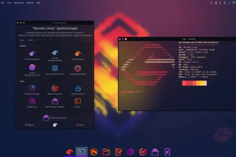 Ekran z systemem Garuda Linux, pokazujący menu powitalne i terminal z informacjami o systemie. To top Linux dla entuzjastów.